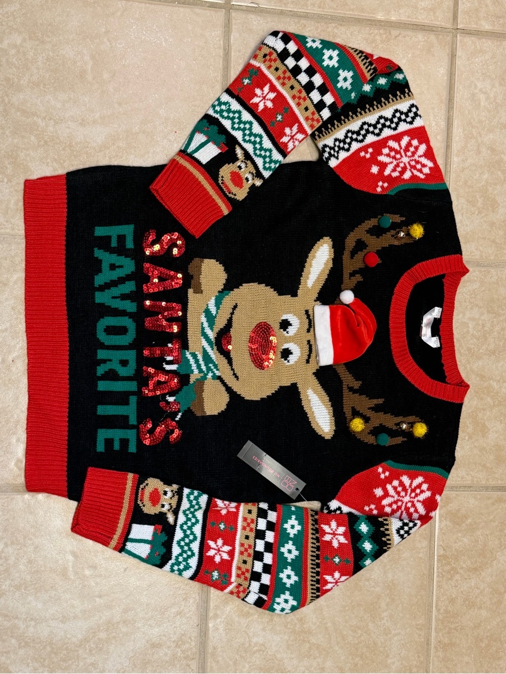 Santa’s Favorite Sequin Reindeer Christmas Sweater - Black/Red/Green, NWT, M